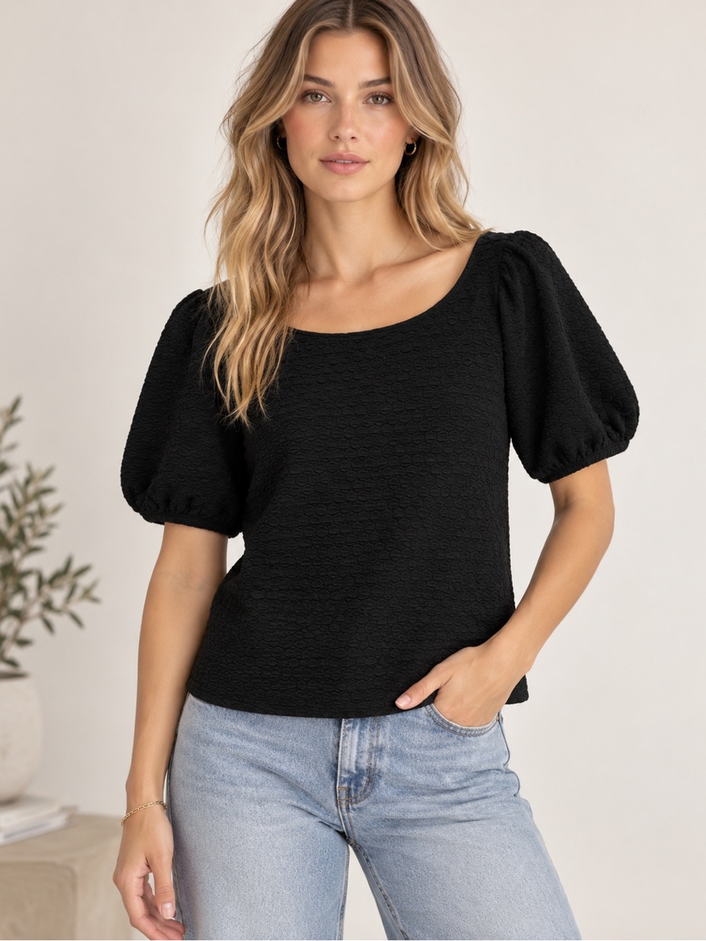 Porridge‎ Shirt Sz Large Black Anthropologie Top Textured Puff Sleeve Minimalist